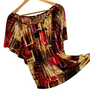 AGB: Women's Flowy Boho Top - Short Sleeve, Small Scoop Neck, Vibrant Print (M)